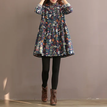 

Vintage Autumn Women Floral Printed Shirt Dress Long Sleeve Turn-Down Collar Button Lapel Pleated Casual Loose Elegant Dress