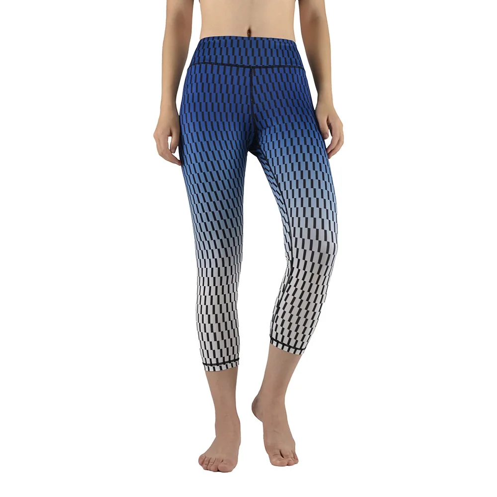 Blue matrix print 7/8 crop yoga pants tight high rise pocket waistband