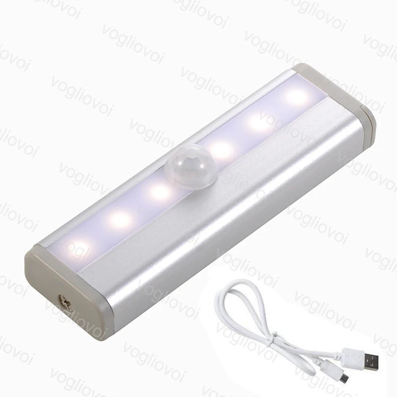 

Vogliovoi LED Night Lights 6LED PIR USB Lithium Battery Wireless Lamp Body Sensing Light Bar Magnetic Strip Wall Light White