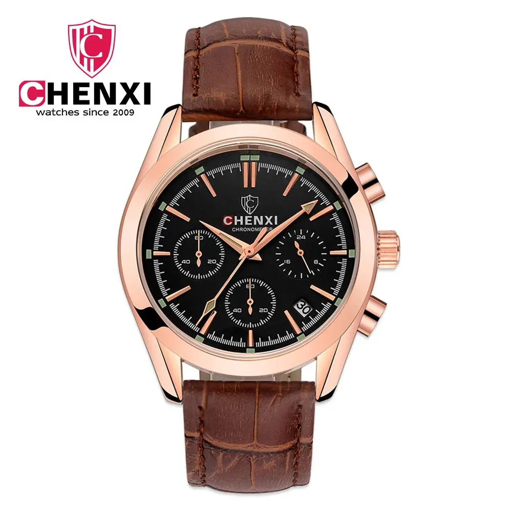 

CHENXI Brand 2017 Men's Clock Multi function Luxury Men Rose Gold Watches Genuine Leather Waterproof Casual Chronograph Watch