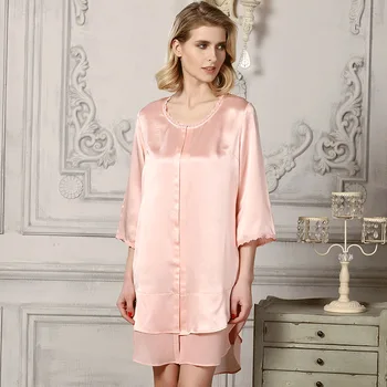 

Ladies Silk nightgown New Summer 100% Silk Fashion Seven Sleeve Nightdress Home Furnishing.