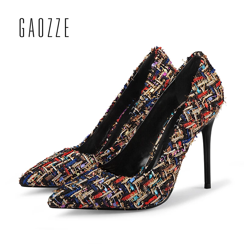 

GAOZZE Fashion High Heels Pumps Party Women Shoes 2018 Spring New Colorful Woven Cloth 10cm Sexy Pointed Toe Heels Wedding Shoes