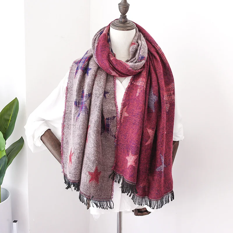 Fashion Women Pentagram Scarf Soft Tassel Cashmere Shiny Scarves Elegant Shawls Autumn Winter Scarves Female Solid Wrap Foulard