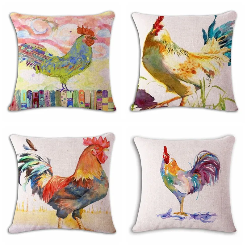 

18'' Square Vintage Cock Cushion Cover Cotton Linen Decorative Pillowcase Chair Seat Customized Drop Shipping Home Textile