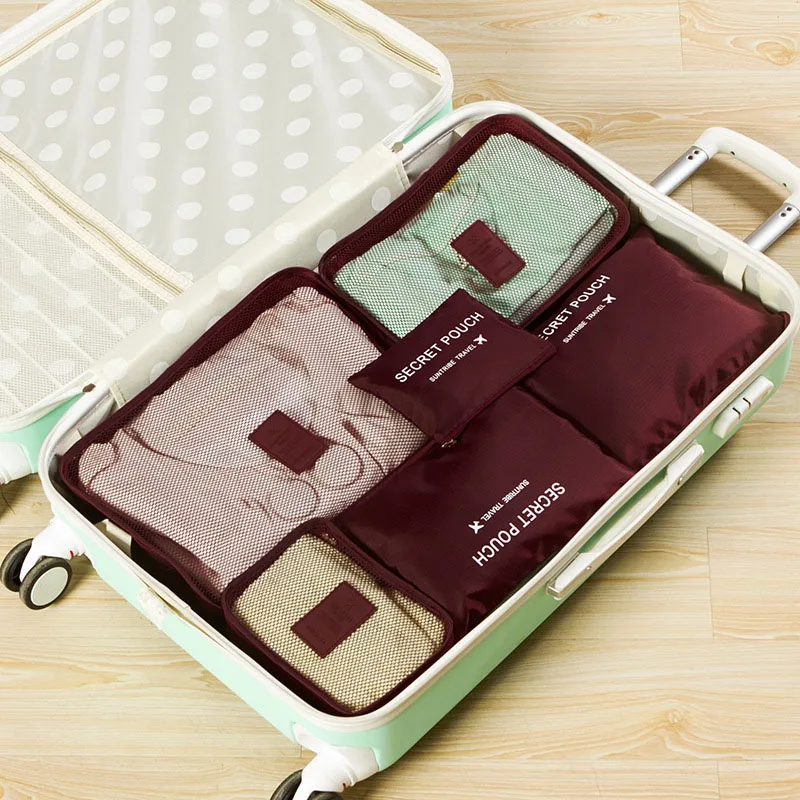 6 шт. дорожная сумка для хранения набор аккуратная Одежда чехол для чемодана органайзер для путешествий сумка Упаковка для обуви сумка кубической формы дорожная сумка - Цвет: Wine red