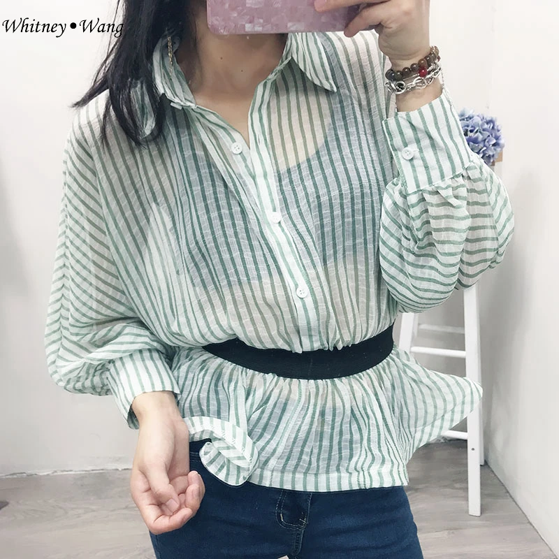WHITNEY WANG 2018 Summer Fashion Streetwear Colors Contrast Elastic Ribbon Patchwork Striped Blouse Women blusas Shirt Tops |