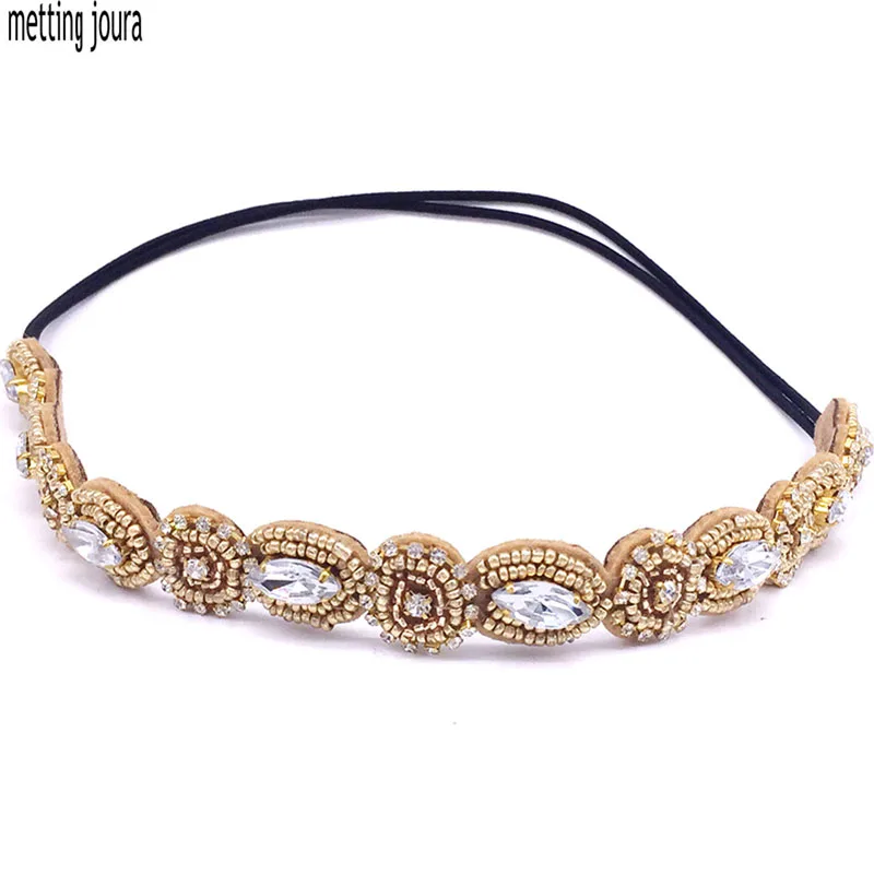 

Women Girls Bohemian Punk Ethnic Gold Beads Knitted Headband Geometric Rhinestone Headband Hair Accessories
