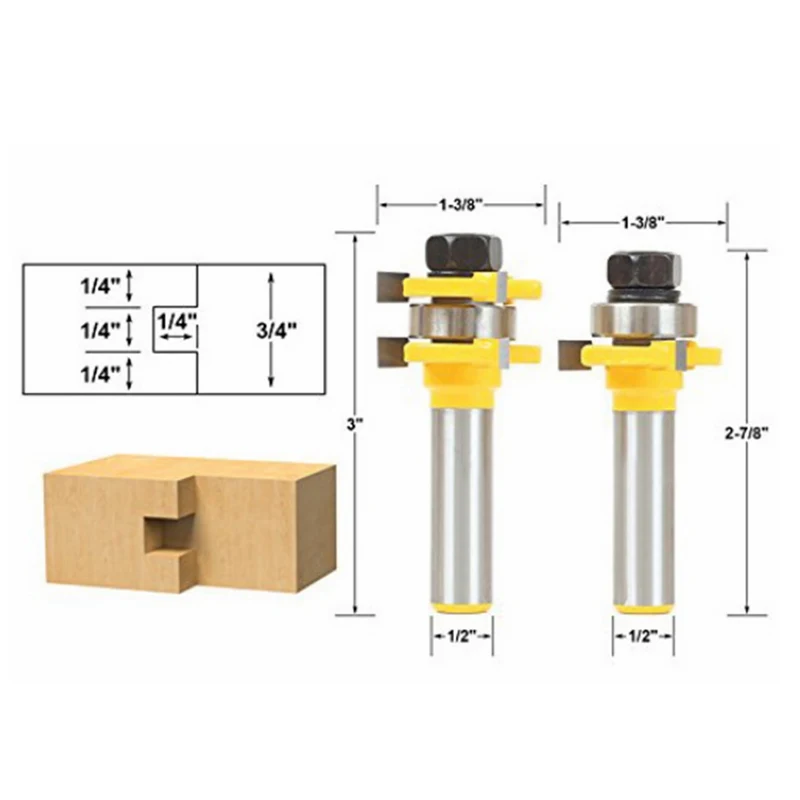

2Pcs Tongue & Groove Router Bit Set 1/4" Stock 1/4" 1/2 Shank 3 Teeth T-shape Wood End Mill Cutter For Woodworking Tools