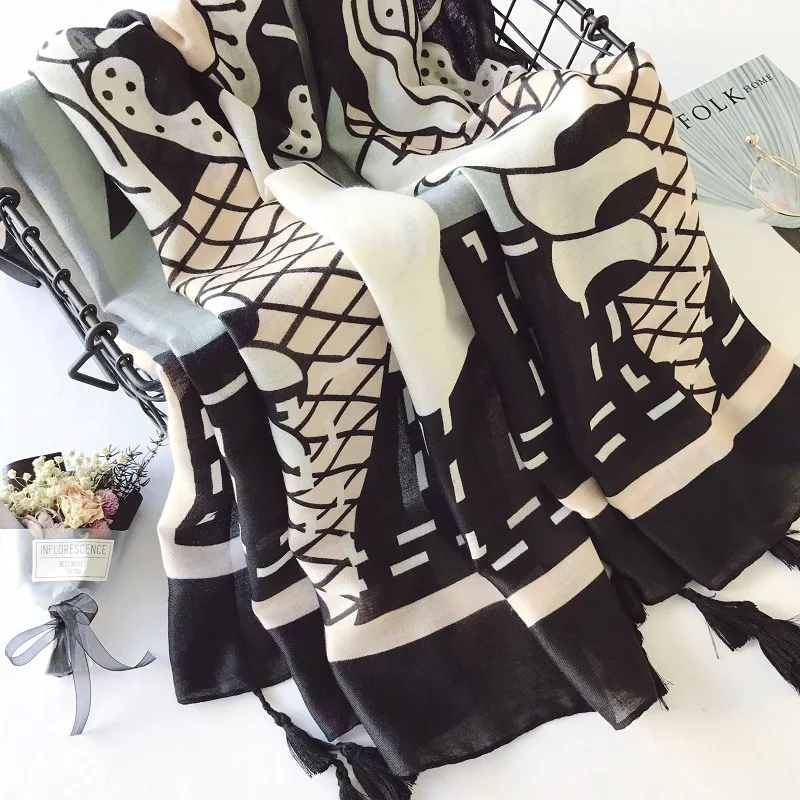 2018 модные с геометрическим принтом кисточкой шарф Для женщин хлопковой вуали ромб печати Шарфы для женщин и платки Обёрточная бумага