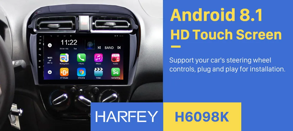 Top Harfey 9"Android 8.1 for 2012-2016 Mitsubishi Mirage Car Radio GPS Navi with HD Touchscreen Bluetooth USB WIFI FM SWC DVR OBD 0