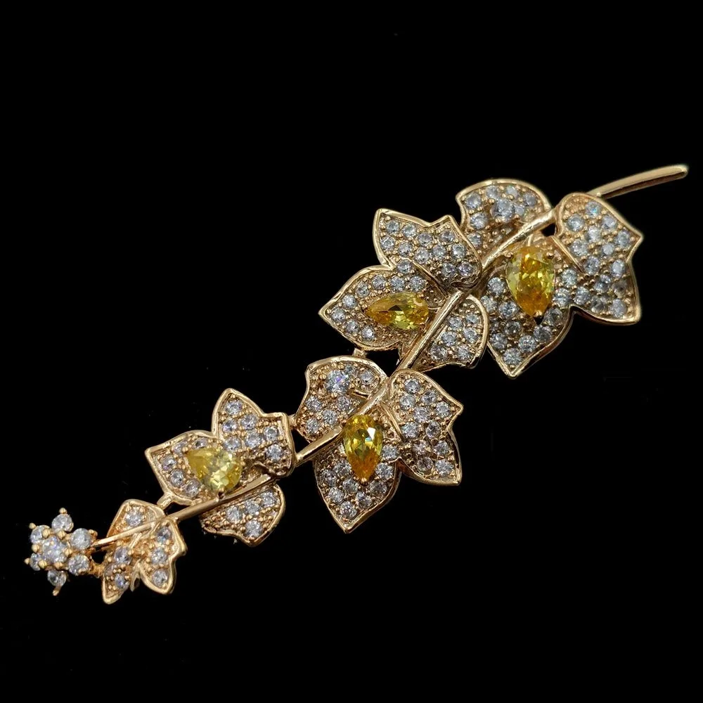 Charming Elegant Vine Plant Branch Yellow Flowers Brooch Gold Tone Micro Pave and Pear Shaped CZ Floral Vane Pin Bridal Jewelry