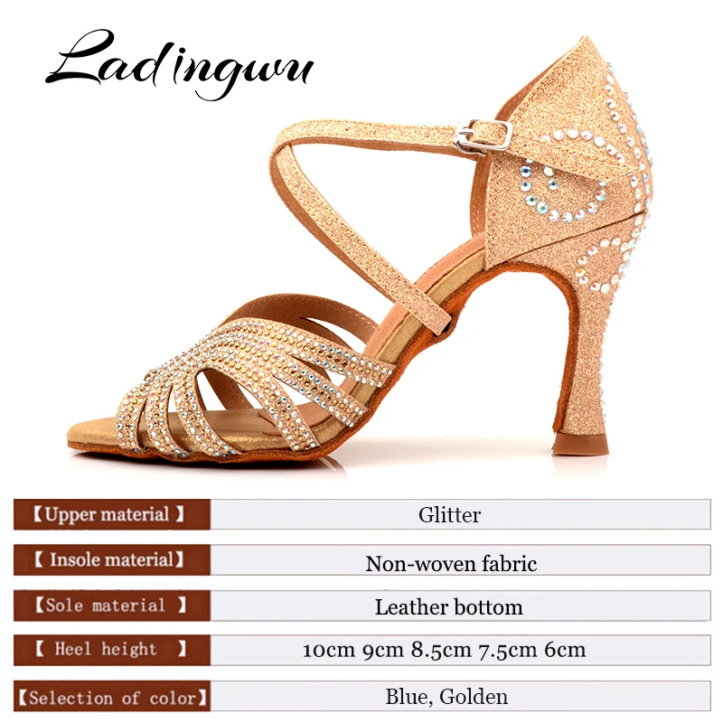 Ladingwu Glitter Latin Dance Shoes Women Salsa Shining Rhinestone Ballroom Dancing Ladies Tango Dance Sandals Glod Dance Shoes
