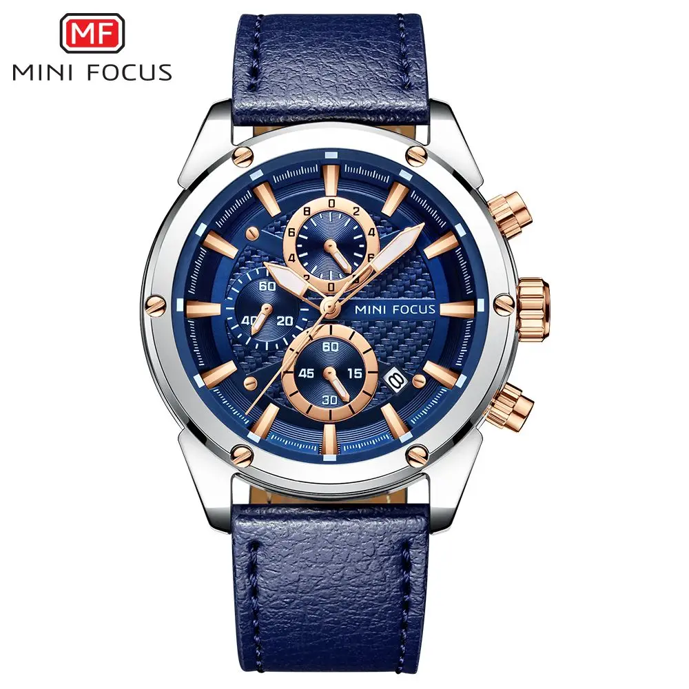 

MINI FOCUS Luxury Brand Watch Men Fashion Casual Sport Military Watches Men Blue Leather Strap Quartz Wristwatch Luminous