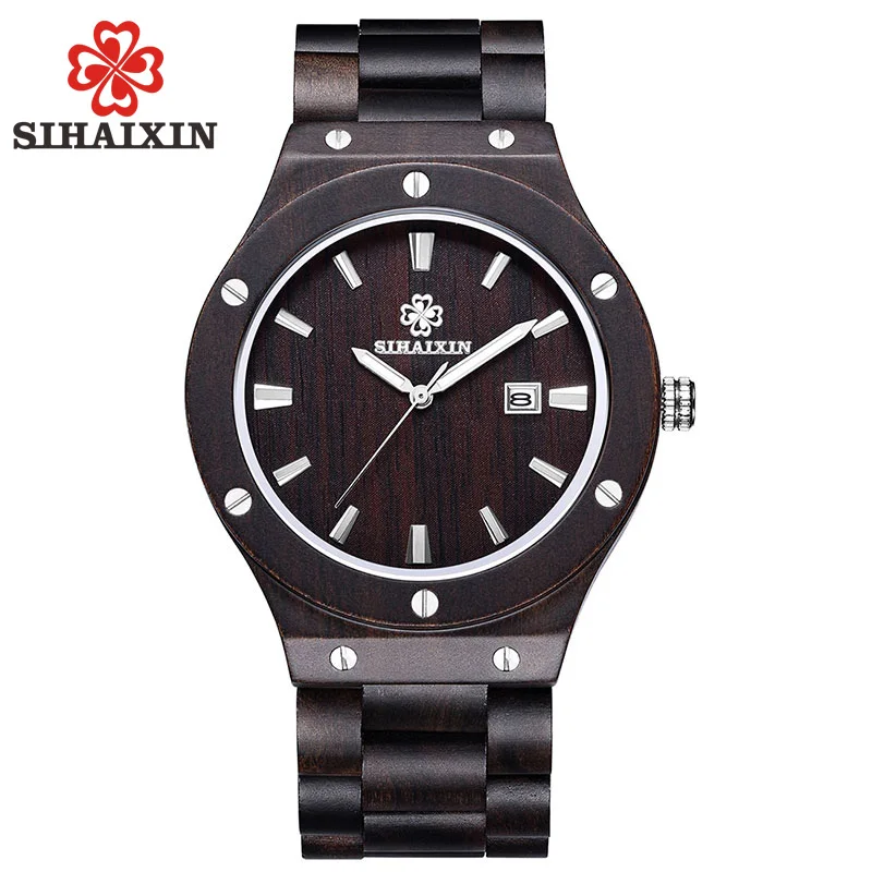 

SIHAIXIN Sandalwood Wood Watch Date With Nail Case Clock male Japan Quartz As Top Brand Luxury Natural Bamboo Watch Men Gift