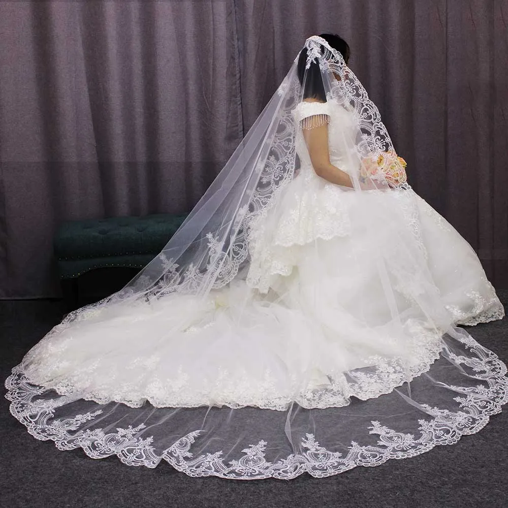 

High Quality Neat Lace Mantilla Bridal Veil One Layer Long White Ivory Wedding Veil with Comb Voile Mariage Bride 2019