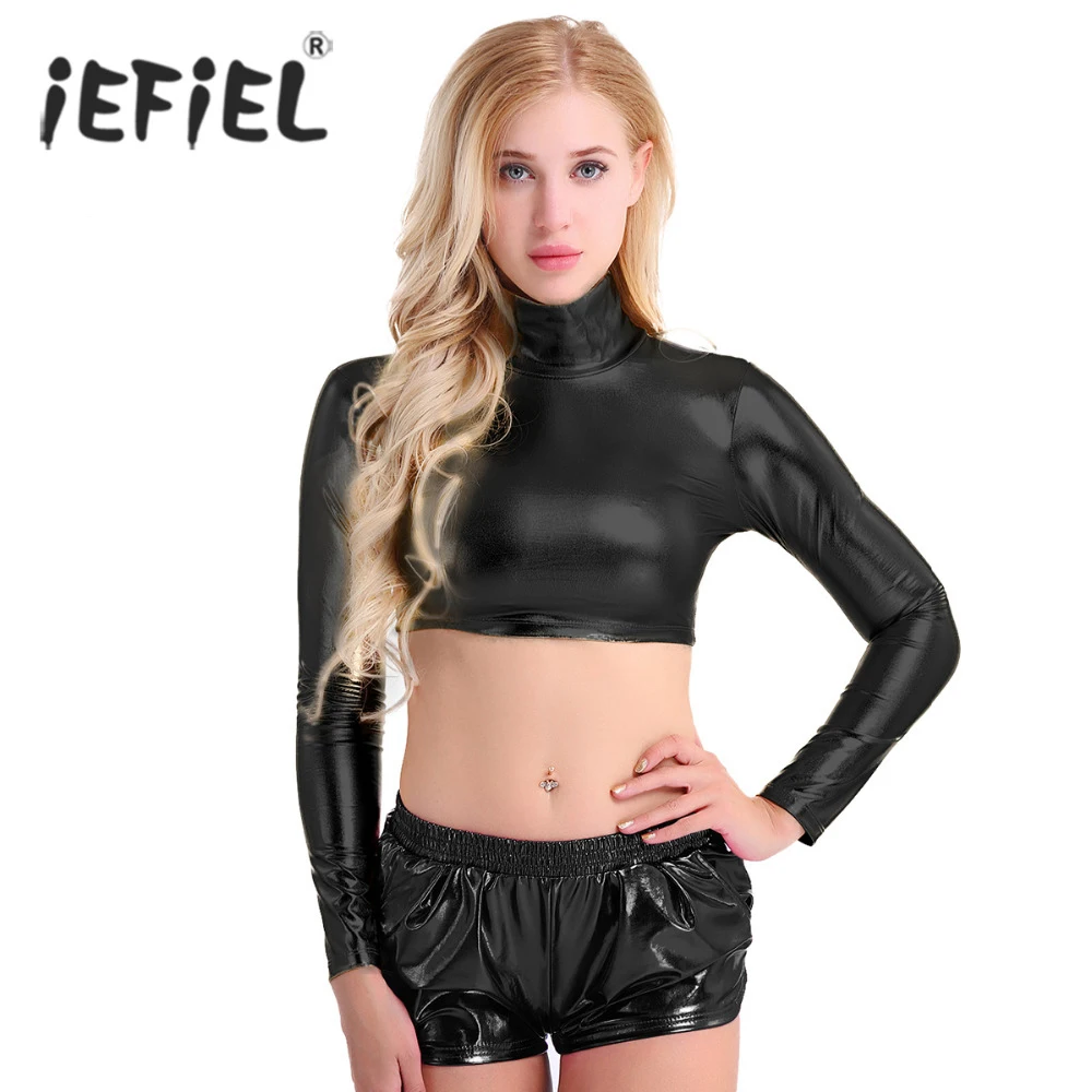 

iEFiEL 2018 Loose Style Light Weight Shorts Womens Patent Leather Hot Boxer Shorts Shiny Metallic Shorts with Two Side Pockets