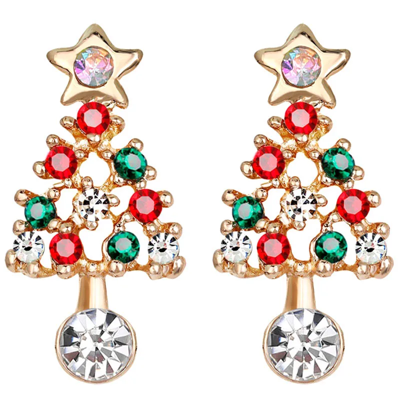Fashion Christmas Tree Earrings For Women New Year Vintage Colorful Crystal Stud Earring Gold Color Xmas Jewelry Female Brincos