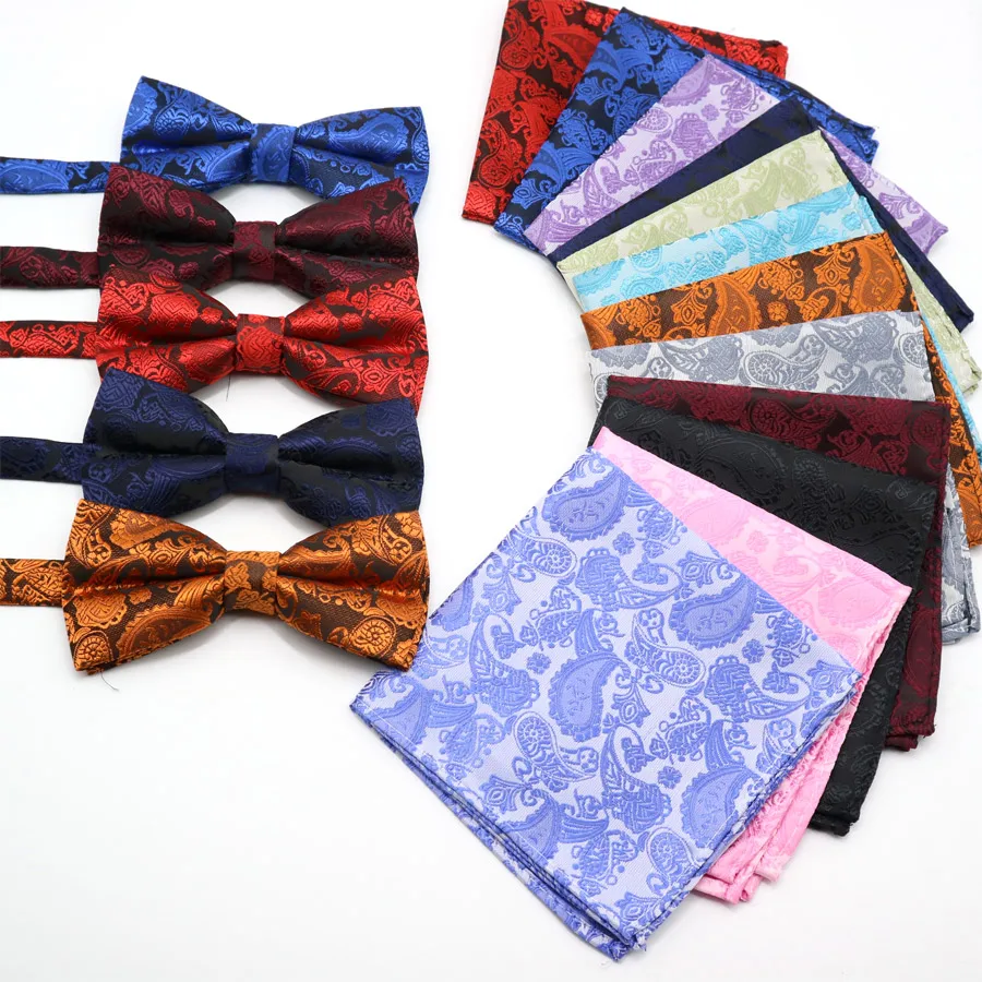 

Classic Men's Floral Paisley Pocket Square Bows Tie Set Adjustable Handkerchief Bowtie Sets Wedding Party Necktie Hanky Lot