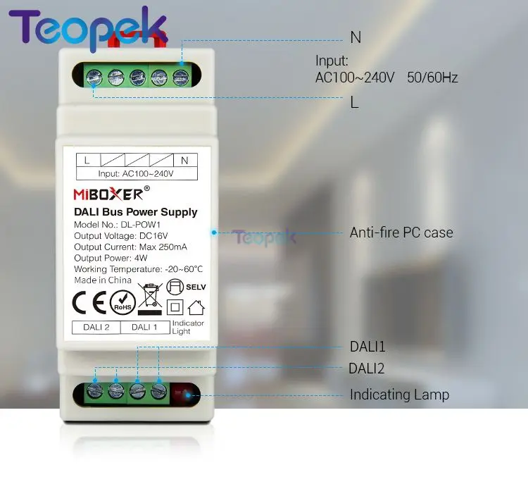 Miboxer с цифровым адресным интерфейсом автобус Мощность питание Din Rail DL-POW1 DC16V 4 Вт Max250mA AC 110V 220V с цифровым адресным интерфейсом RGB CCT светодиодные светильники трансформатор