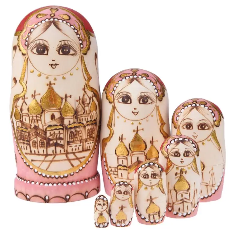 7pcs/Set Castle Church Type Wooden Baby Nesting Dolls Russian Dolls