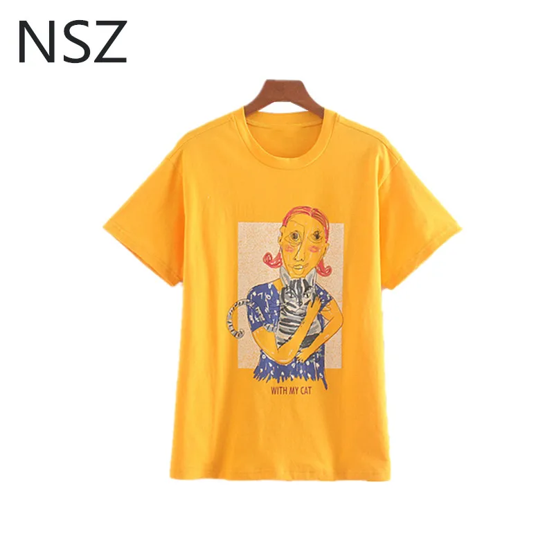 

NSZ Women Yellow t-shirt Cotton Short Sleeve Character T Shirt Femme Camisas Mujer Ladies Oversized Summer Tees Tops
