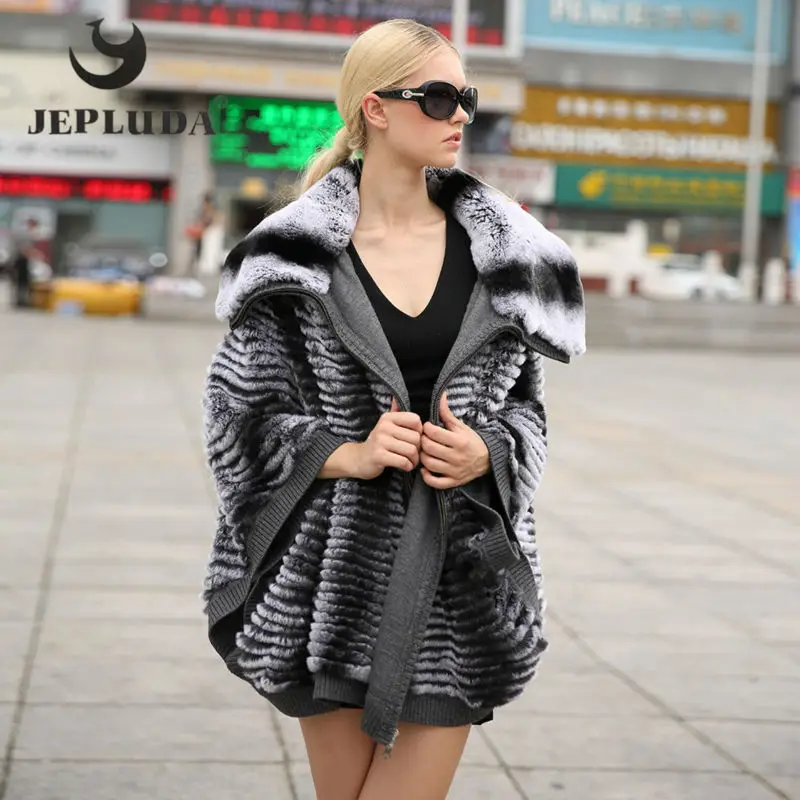

JEPLUDA New Fashion Rex Rabbit Coat Bat Sleeved Full Pelt Collar large Size Loose Type Winter Women Real natural Fur Jacket