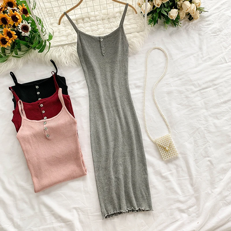 

Vintage Button Sexy Slim Spaghetti Strap Bodycon Knit Midi Pencil Dress Summer Party Women Casual Sheath Knee Length Vestidos