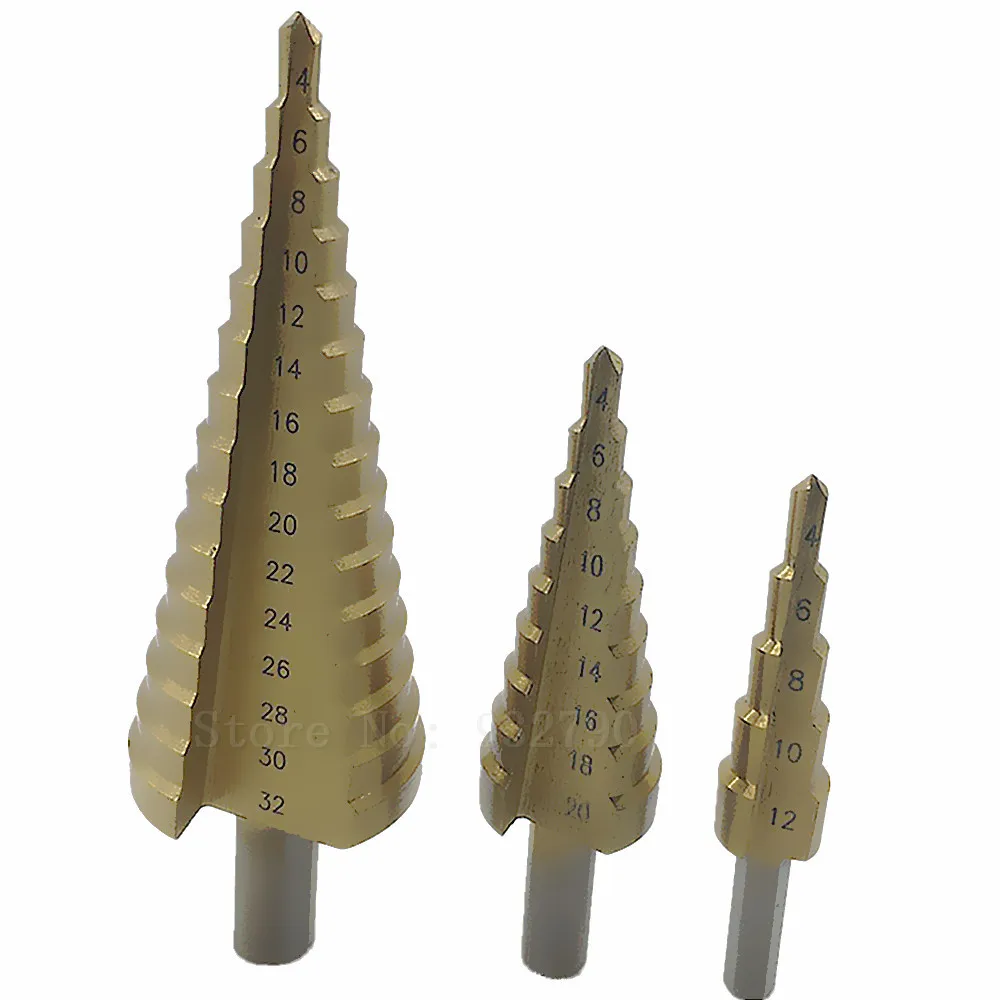 3pcs Hss Step Cone Drill Titanium Coated Hole Cutter Bit Set 4-12mm 4-20mm&4-32mm High Speed Steel Reamer Metal Step Drill Bit