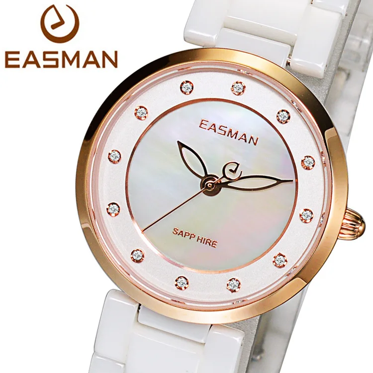 EASMAN Brand Top Women Ceramic Watch White Pearl Zircon Dial Quartz Watch 50M Water Resistant Rose