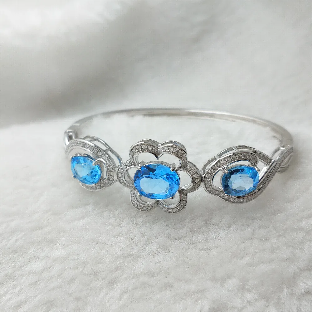 FLZB Big Flower Design 925 Sterling Silver Bangle 18k White Gold Plated with Good Color Natural Blue Topaz 12.8ct Women gift | Украшения и