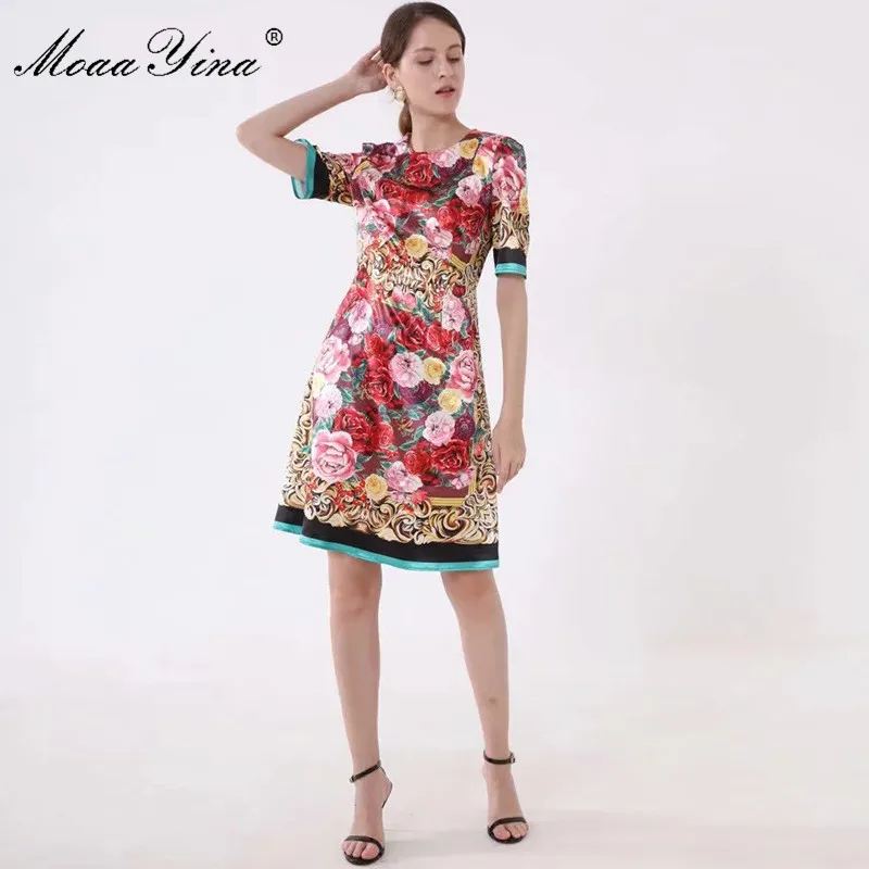 

MoaaYina Fashion Designer Runway dress Spring Summer Women Dress Short sleeve Floral-Print Slim Elegant Vintage Dresses