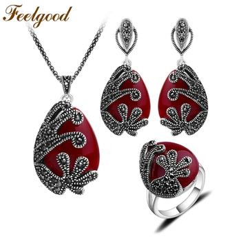 

Feelgood Unique Silver Color Antique Jewellery Set Red Stone And Crystal Vintage Jewelry Sets For Women Wedding Party Gift
