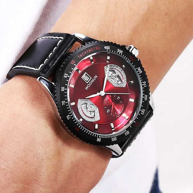 Red Face Sports Watches For Men Leather Strap Japan Movt Quartz Watch