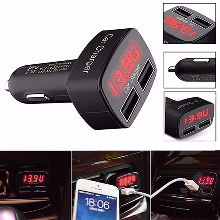 4 In 1 Dual USB Car Charger Adapter Voltage DC 5V 3.1A Tester For