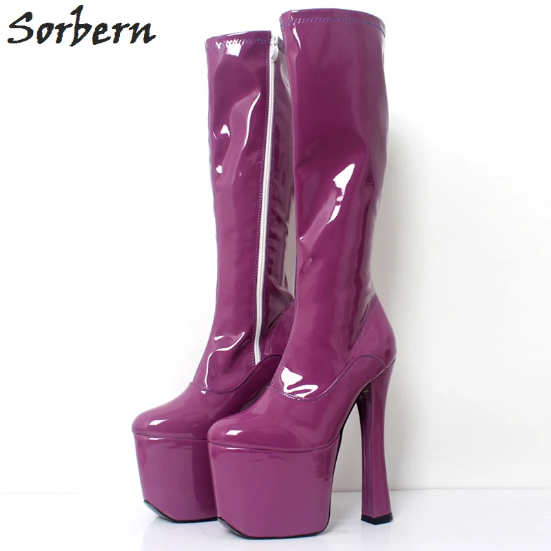 Sorbern Fashion Purple Shiny Women Boots Knee High Zipper Up 20cm High Heels Boots For Women 9cm