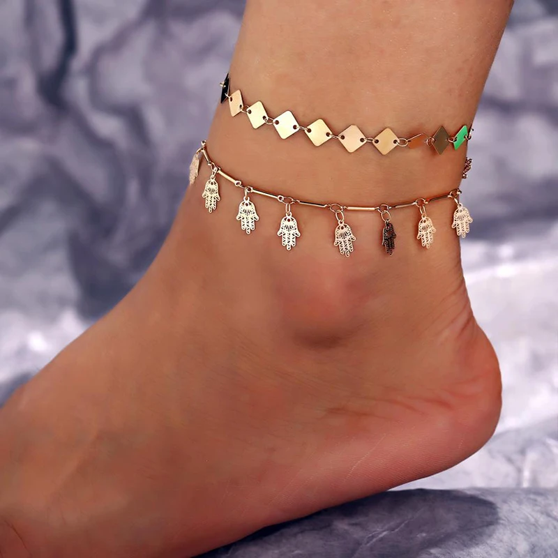 

2 Pcs/set Dangle Anklets for Women Metal Sheets Anklet Golden Indian Jewelry Summer Beach 2019 Fashion Festival Accesorios Mujer