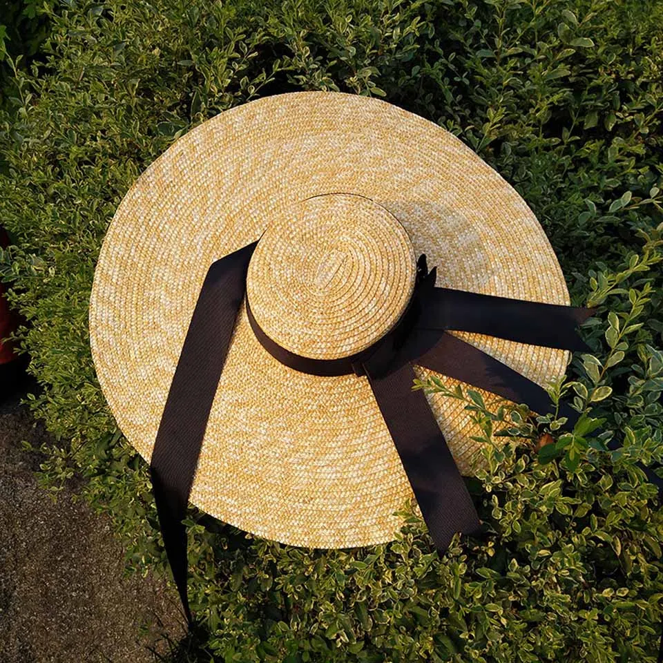 Natural Wheat Straw Hat Ribbon Tie 15CM/18CM Brim Boater Hat Elegant Beach Sun Hat Cap Lady Summer Wide Brim UV Protect Hats