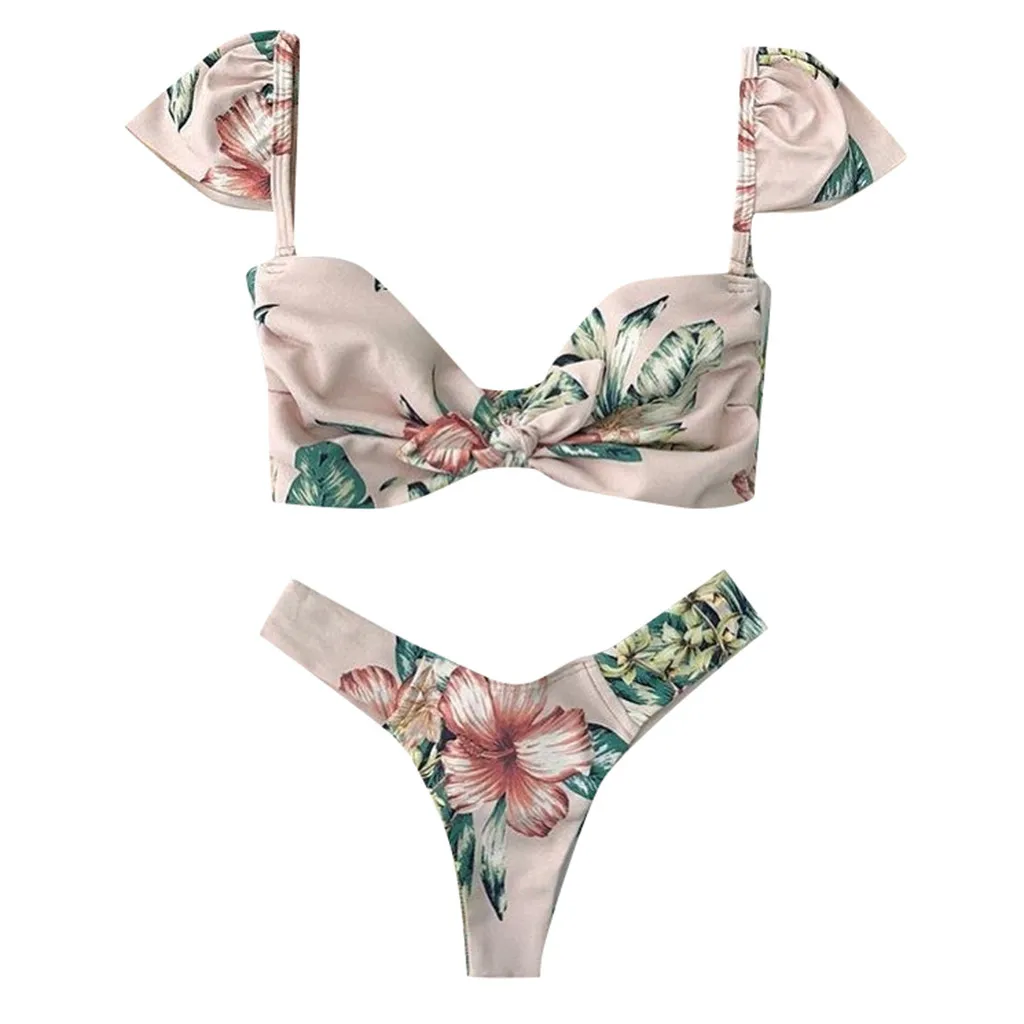 

SAGACE Two Pieces Flora Printed Bikini Padded Brazilian Ruffle Swimwear Push Up Deep V Plunge 2019 Beachwear For Women Female