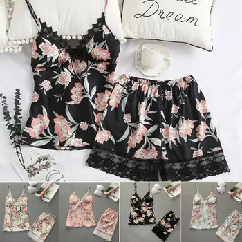 

2pcs/set Women Sexy Satin Lace Sleepwear Babydoll Lingerie Nightdress Pajamas Set