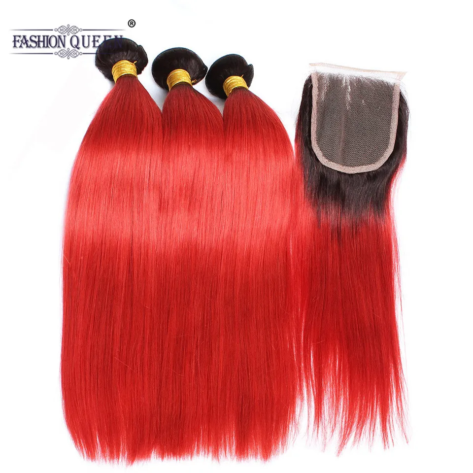 Модные queen hair T1B/красный натуральные волосы 3bundles с закрытием кружева Красный Ombre бразильский прямые волосы с закрытием 4x4