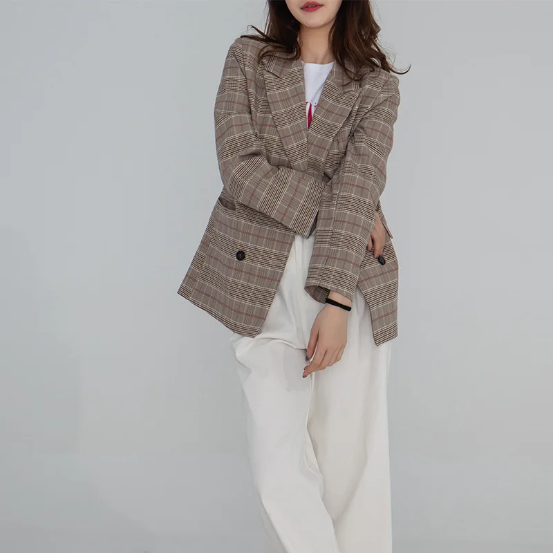 Spring Plaid Double-breasted Casual Small Suit Jacket Double Breasted Notched Plaid Women Clothing Women Jackets and Coats 2019