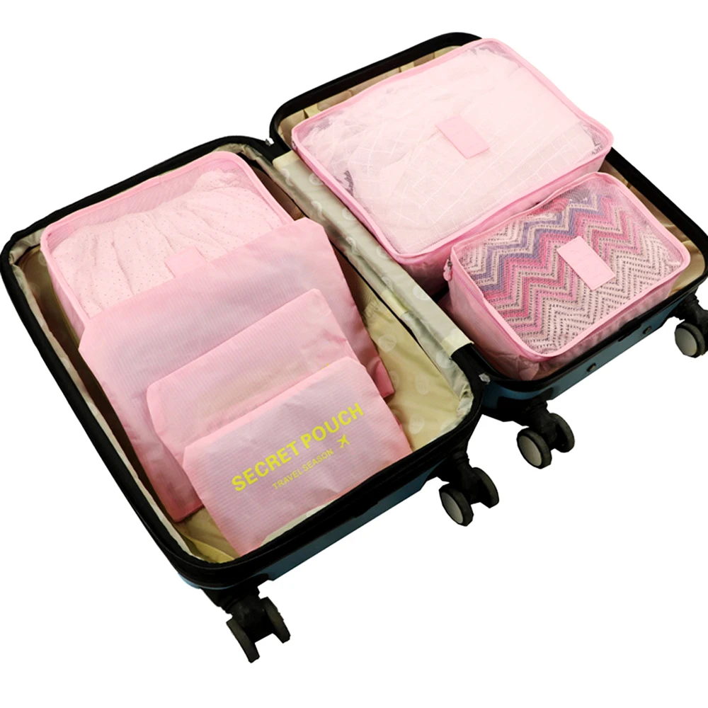 Водонепроницаемый нейлоновый набор из 6 сумок для путешествий, органайзер для одежды, нижнего белья, обуви, 8 цветов - Color: Pink(Big)