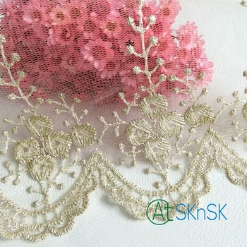 

1 yard 14cm wide black/white color mesh lace trims with gold embroidery egde for garment gown accessory A1