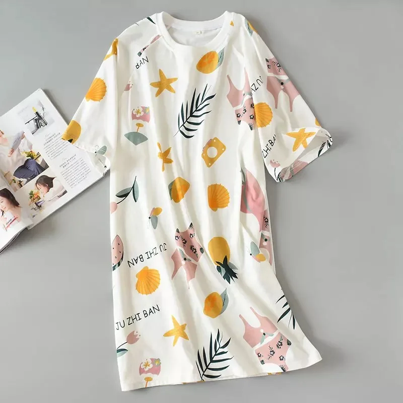 

100% Knitted Cotton Fresh Summer Women Nightdress Pure Short Sleeve Nightgowns Cartoon Sleepwear Sexy Pyjamas Women Night Dress