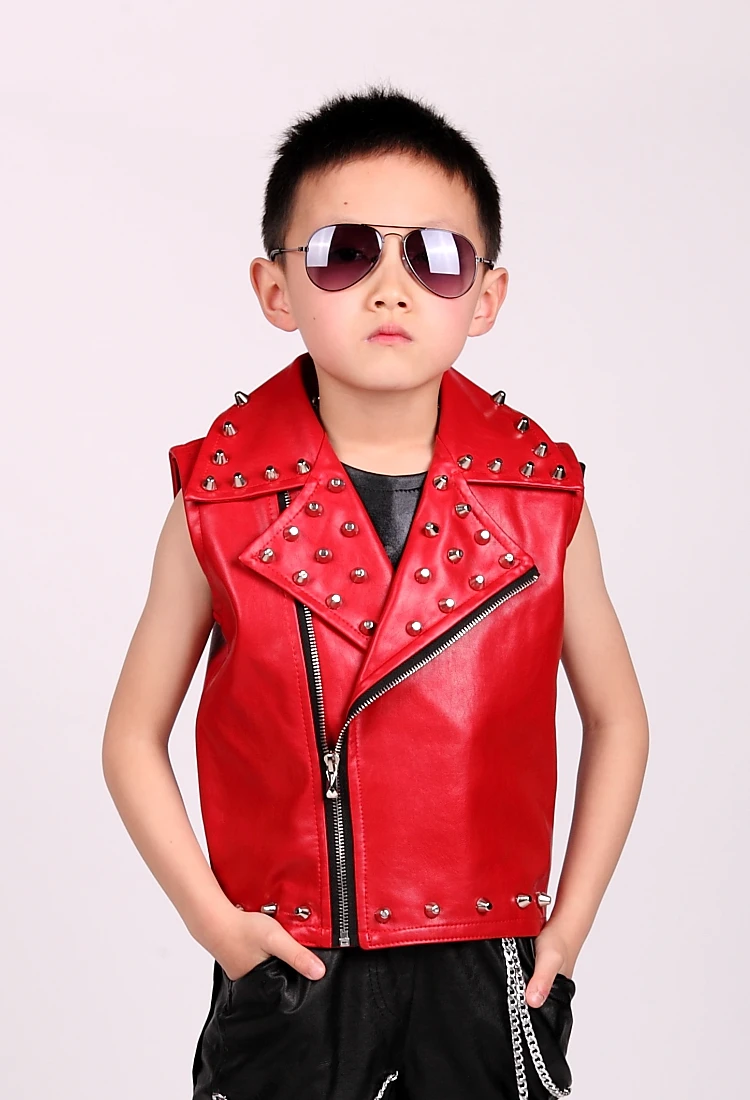 Кожаная куртка в стиле хип-хоп для мальчиков; жилетка с заклепками; Новинка года; детская одежда для выступлений; Танцевальный жилет; детская одежда Modis; Y1234