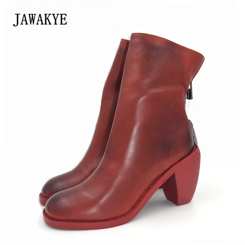 

JAWAKYE Real Leather Do Old Ankel Boots Woman Round Toe Front Zipper Back Zipper High Heel Shoes Women Fashion Short Boots 2017