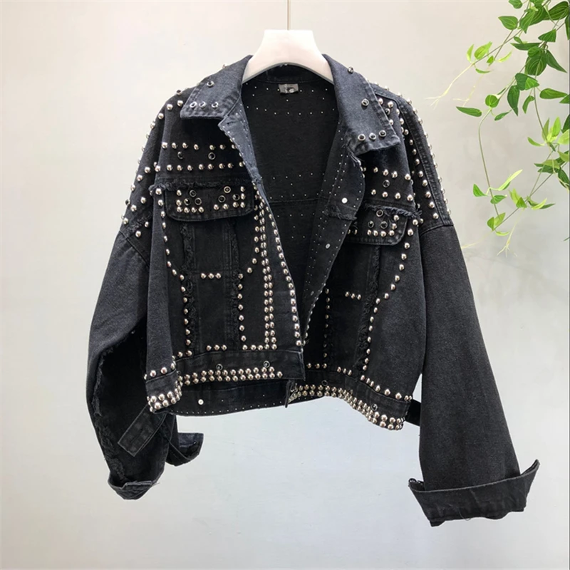 Модная короткая джинсовая куртка Женская Осенняя Новинка Harajuku с заклепками