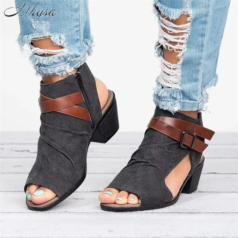 

Mhysa 2019 Women Summer High-heel Sandals Shoes Woman Denim Retro Buckle Strap Fish Mouth Big Size women Sandals 34-43 T70