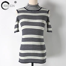 ORDEESON вязаная Водолазка черная и белая полосатая Укороченная рубашка с открытыми плечами Топы для женщин футболка женская летняя