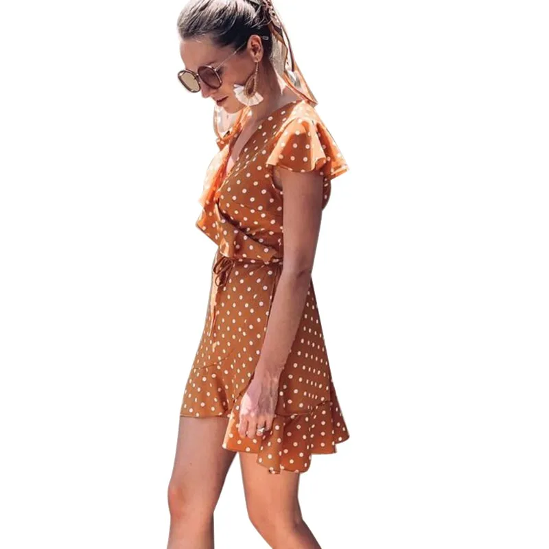 Женское летнее сексуальное платье с v-образным вырезом в горошек, приталенное платье трапециевидной формы, модное элегантное винтажное мини-платье с рукавом-бабочкой, feminina - Цвет: Цвет: желтый